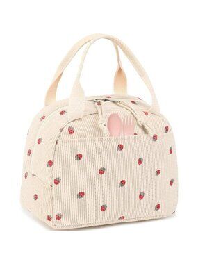 Insulated Lunch Bag for Women, Reusable Cooler Tote Handbag (Beige Strawberry)